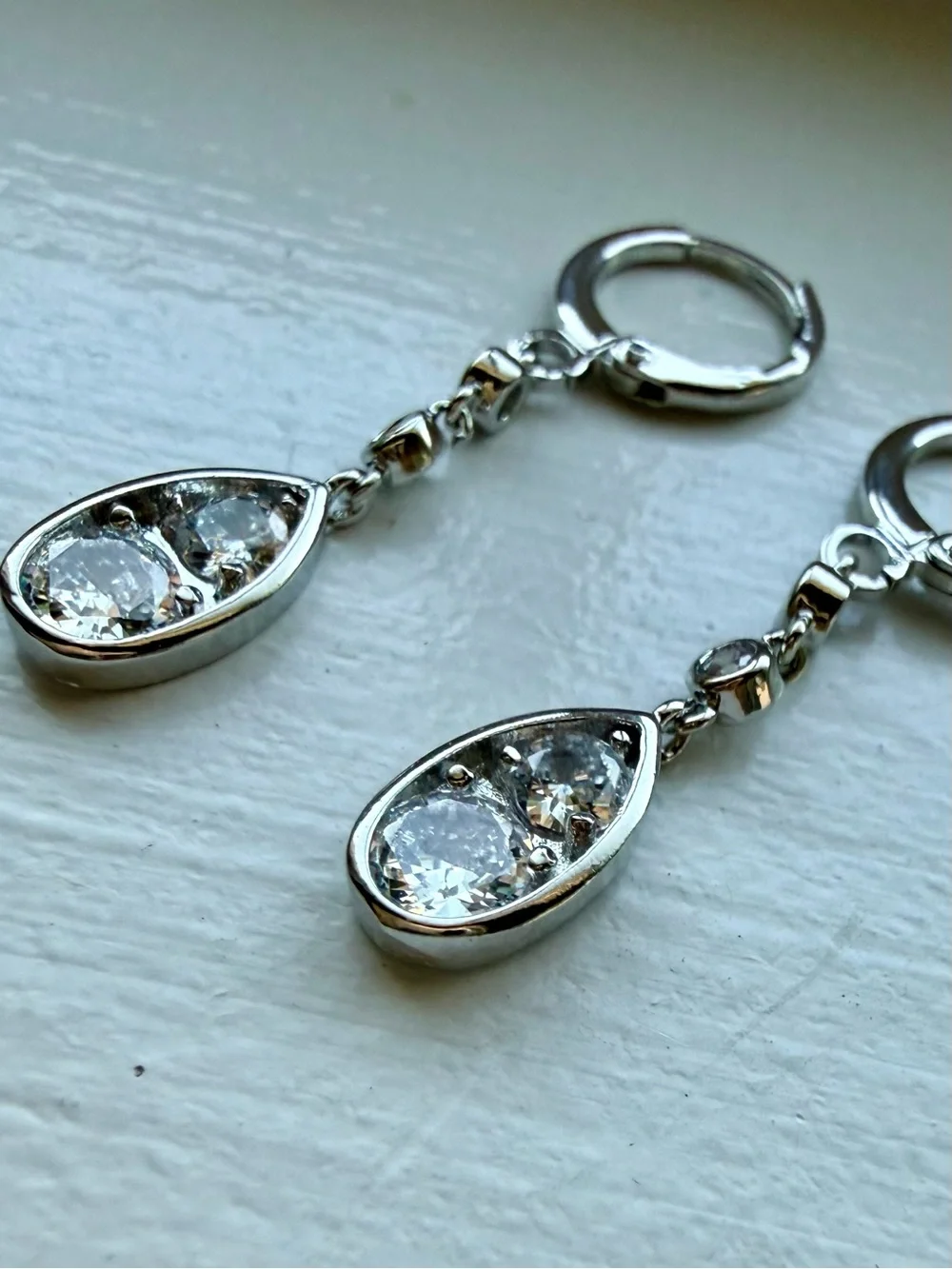 NEW! 14k White Gold Plated Teardrop Dangle Earrings with Clear CZ Stones